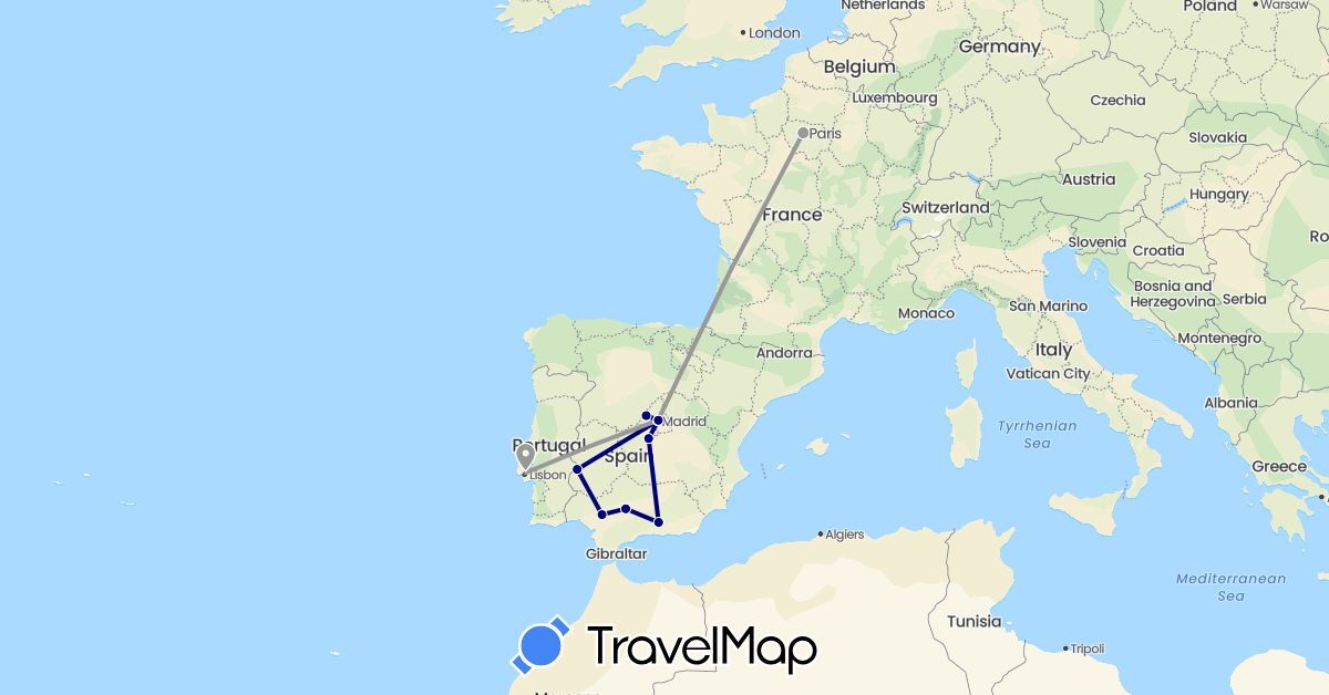 TravelMap itinerary: driving, plane in Spain, France, Portugal (Europe)